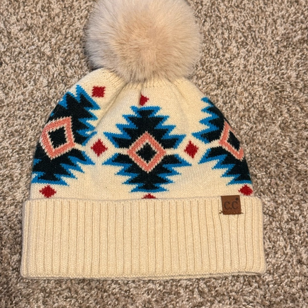 Cream Knit Beanie with Pom Pom